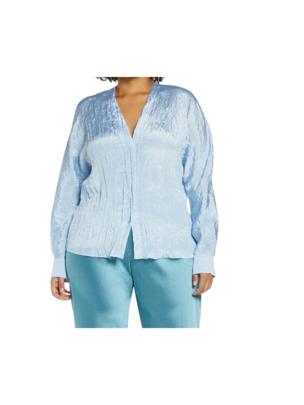 Vince Double V-Neck Crinkle Blouse Cerulean Blue Long Sleeve 3X NWT Minimalist